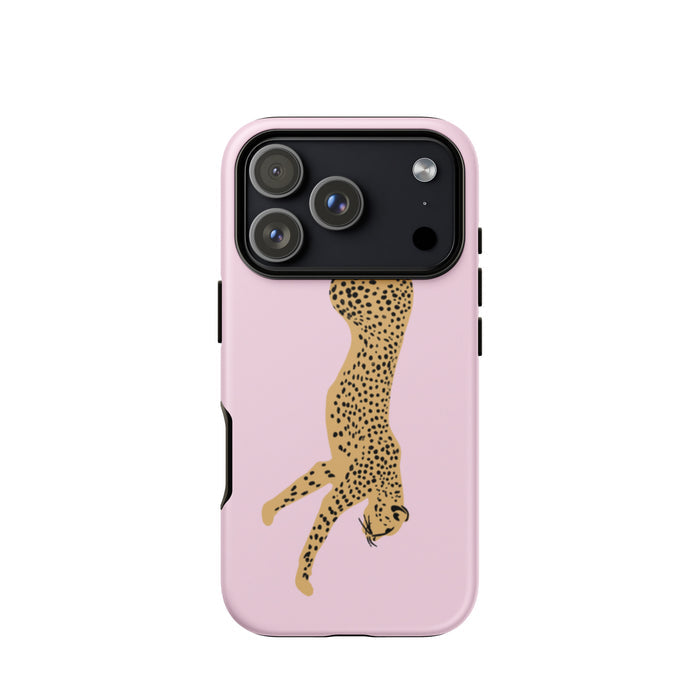 Phone case with a cheetah design on a pink background