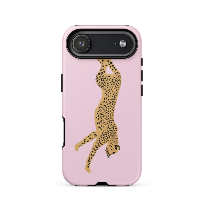 Phone case with a cheetah design on a pink background