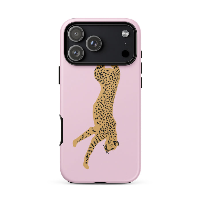 Phone case with a cheetah design on a pink background