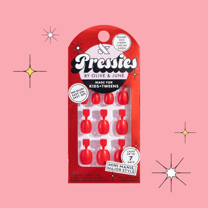 Cherry Chrome Sleigh - Pressies | Extra Short Short | Round showing bright red press-on nails with chrome finish in packaging