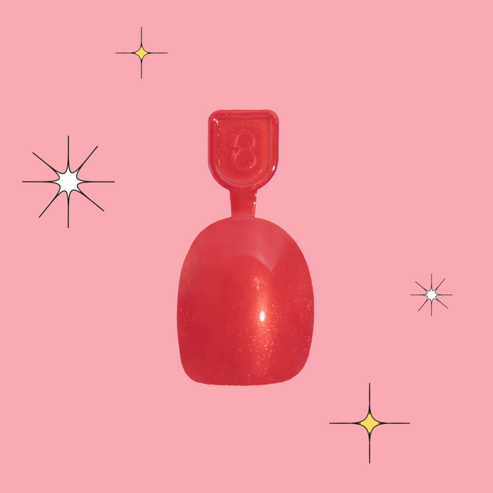 Cherry Chrome Sleigh - Pressies | Extra Short Short | Round bright red shiny chrome press-on nail sample against pink background