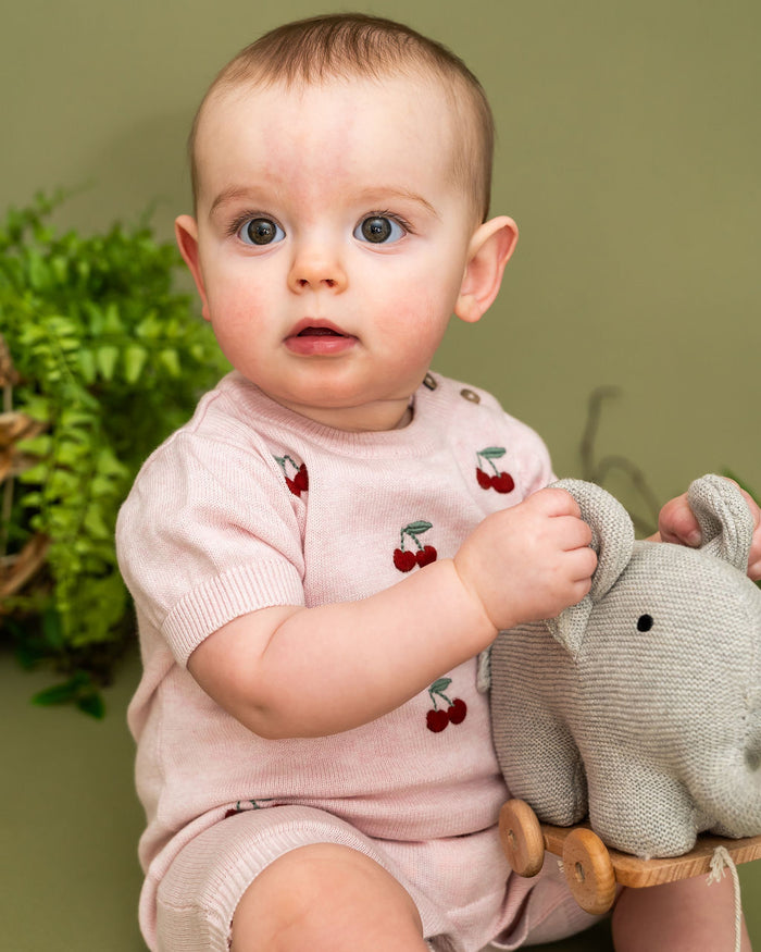 Cherry Embroidered Knit Short Sleeve Baby Romper (Organic Cotton)