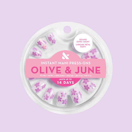 Chrome Petal Party - Press-On | Extra Short | Round with neutral pink base and purple chrome floral design nails for at-home mani