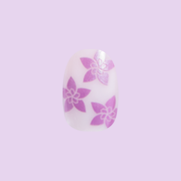 Chrome Petal Party - Press-On | Extra Short | Round nail with soft pink base and purple floral chrome design for easy at-home mani