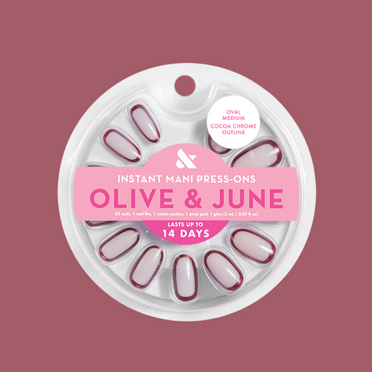 Cocoa Chrome Outline - Press-On | Medium | Oval neutral nails with chocolate chrome outline for a polished at-home mani