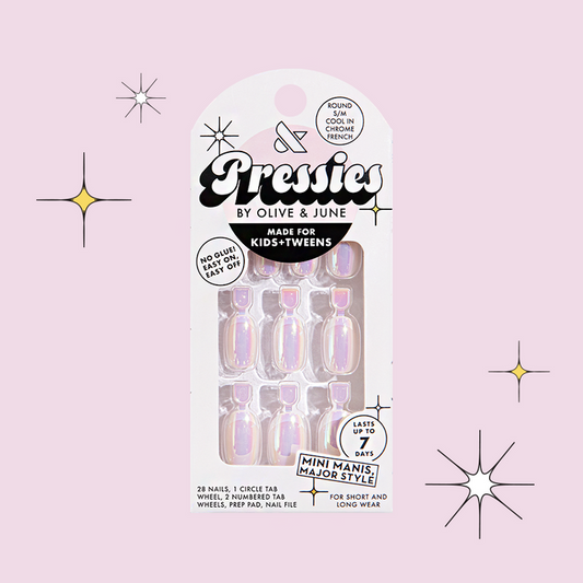 Cool in Chrome French - Pressies | Short Medium | Round with iridescent chrome shimmer press-on nails in kid-friendly packaging