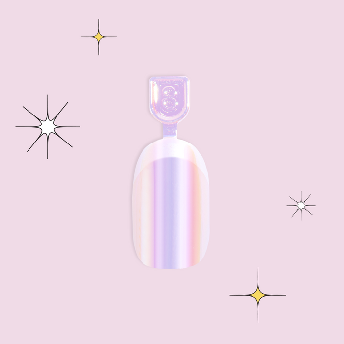 Cool in Chrome French - Pressies | Short Medium | Round showing iridescent chrome shimmer press-on nail on pink background
