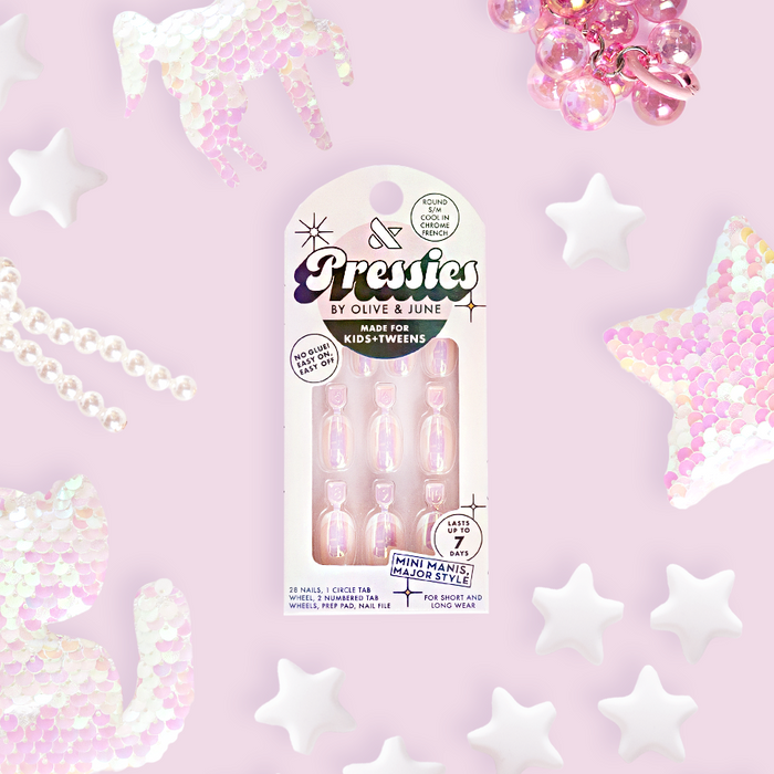 Cool in Chrome French - Pressies | Short Medium | Round iridescent chrome shimmer press-on nails in kid-friendly packaging