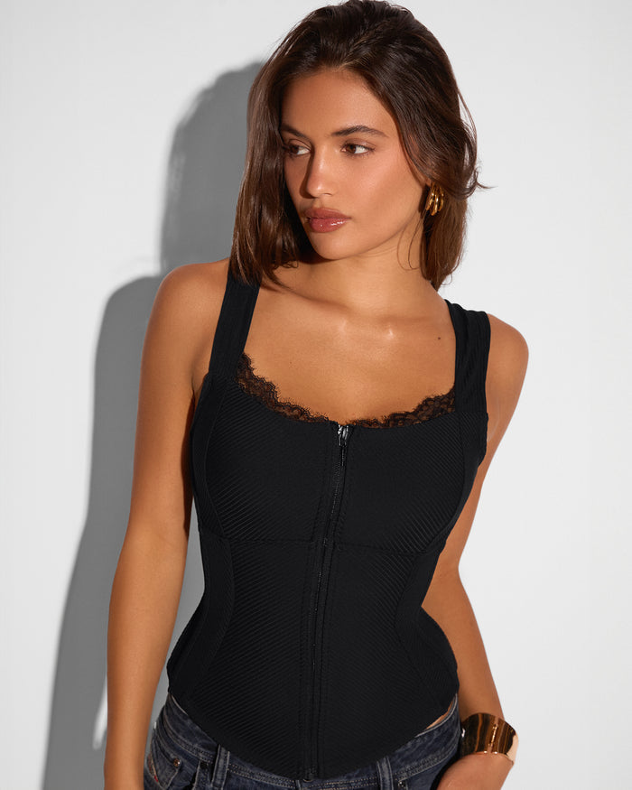 Model wearing Corsety Seamed Rib Tank - Lace Rib Black front view