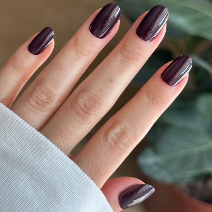 Hand with fair skin wearing glossy Covet - Press-On | Short | Round nails in a cool dark plum shade against green plant background
