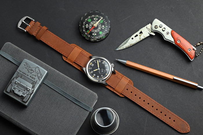 vario 1945 d12 watch single pass cinnamon crazy horse leather with bund strap