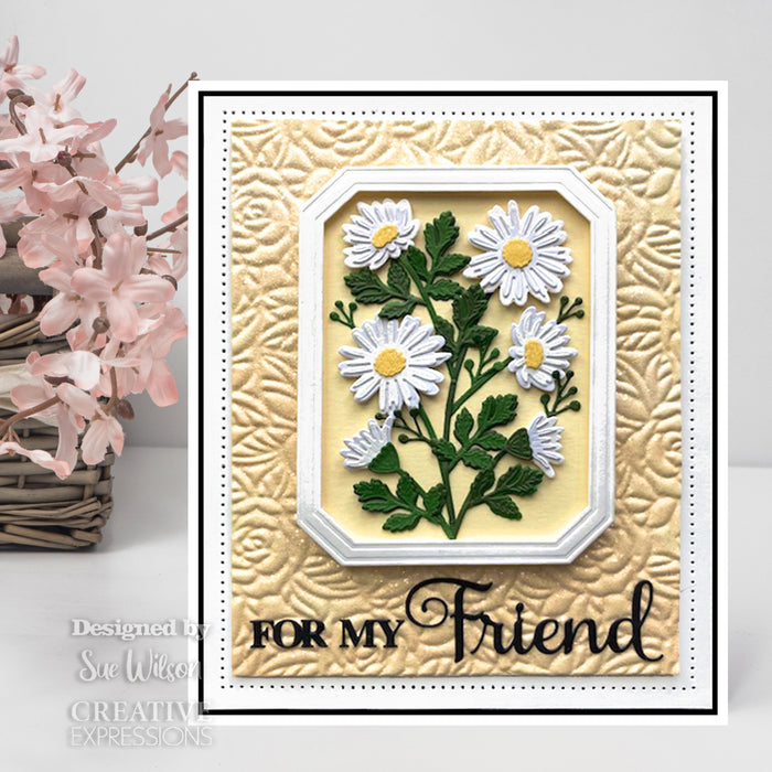 Creative Expressions - Craft Die by Sue Wilson Noble Shadowed Sentiment - For My Friend. Add a greeting to a paper craft project this beautiful sentiment in bold and curly text will add a great finishing touch to a card or can be used as a main feature. Available at Embellish Away located in Bowmanville Ontario Canada. Example by brand ambassador.