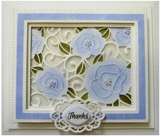Creative Expressions - Sue Wilson Dies - Background Collection - Mini Background Pierced Roses. A beautiful background die that would work nicely on a A4 size card. Cut out extra roses to layer for added dimension. Size: 4.06" x 5.28". Available at Embellish Away located in Bowmanville Ontario Canada. Card by brand ambassador.