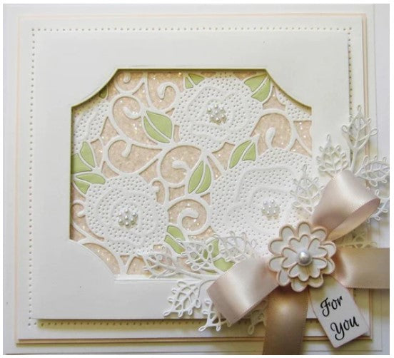 Creative Expressions - Sue Wilson Dies - Background Collection - Mini Background Pierced Roses. A beautiful background die that would work nicely on a A4 size card. Cut out extra roses to layer for added dimension. Size: 4.06" x 5.28". Available at Embellish Away located in Bowmanville Ontario Canada. Card by brand ambassador.