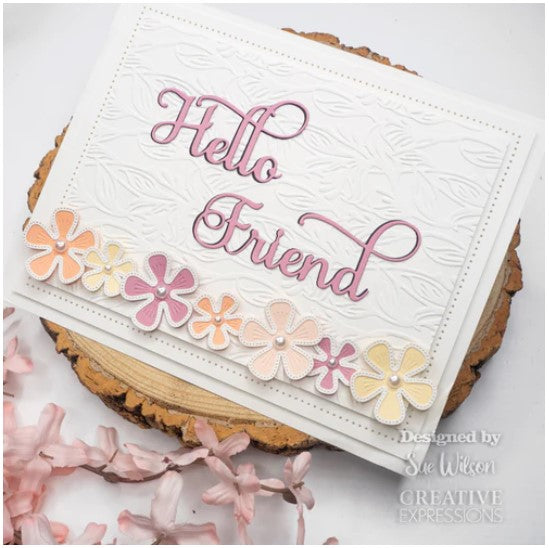 Creative Expressions - Sue Wilson Dies - Noble Shadowed Sentiment - Hello Friend. Bold curly text will add a great touch to a card or as a main feature. The three-die shadow set can be used without the shadow and the words used separately. Available at Embellish Away located in Bowmanville Ontario Canada. Card by brand ambassador.