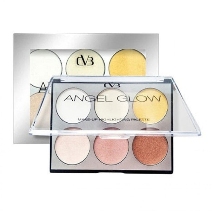 Make-up highlighting palette with 'Angel Glow' branding on a white background