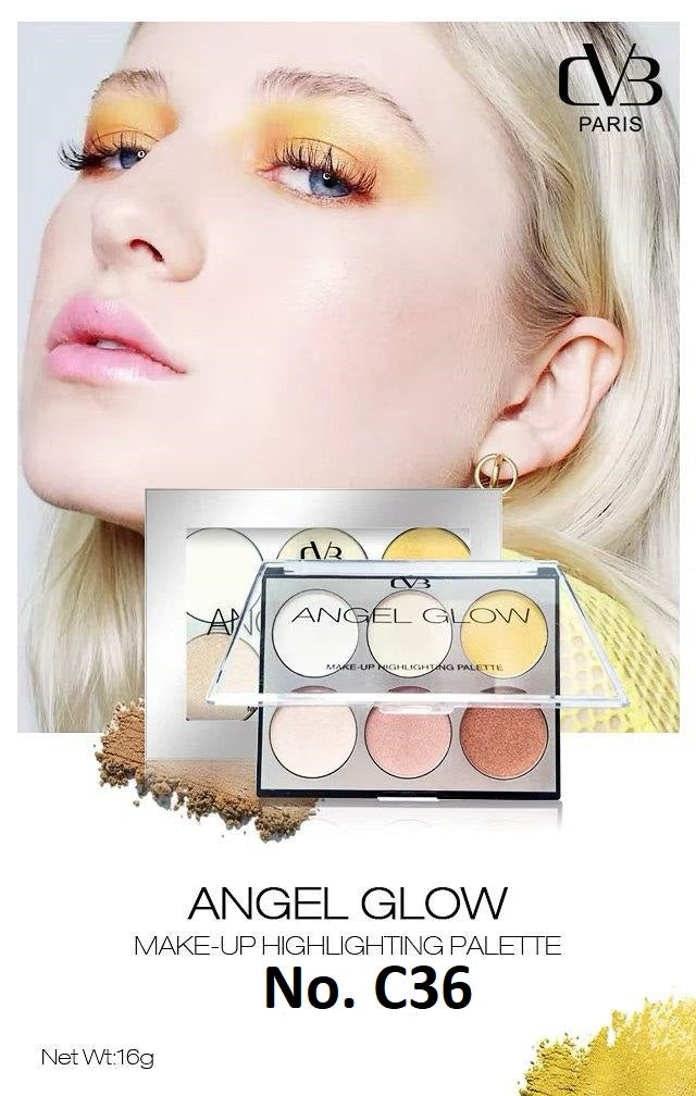 Make-up highlighting palette with 'Angel Glow' branding and a model wearing the product.