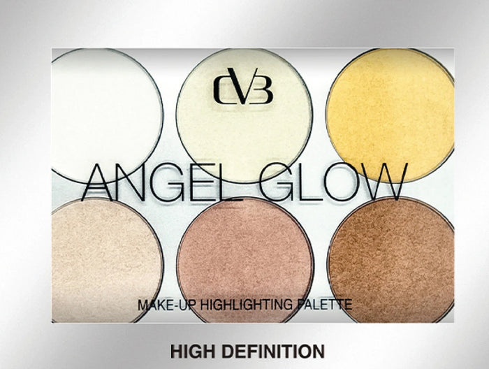 Make-up highlighting palette with 'Angel Glow' branding on a white background