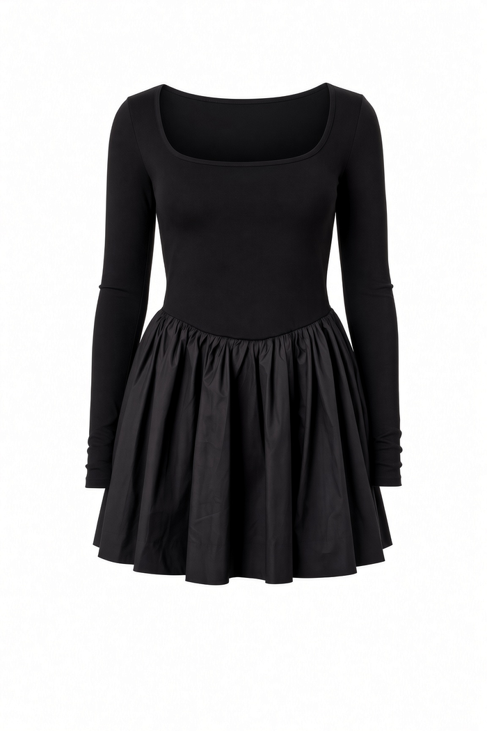 A black long-sleeve mini dress with a scoop neckline and a flared gathered skirt, shown against a plain white background.