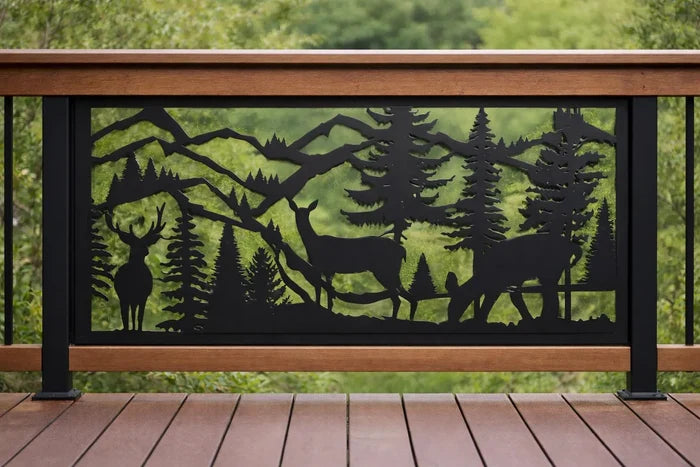 Decorative Rustic Metal Panel- Buck, Doe, Fawn in Mountains and Forest Scene