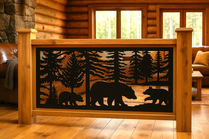 Decorative Rustic Railings Wildlife Metal Panel - Bear and Cubs In A Forest Scene
