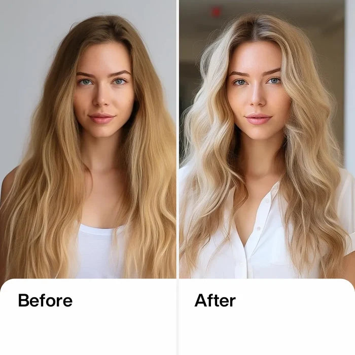 Deep Conditioner Hair Treatment Pro before and after: dull frizzy blonde hair, then glossy volumized blonde waves