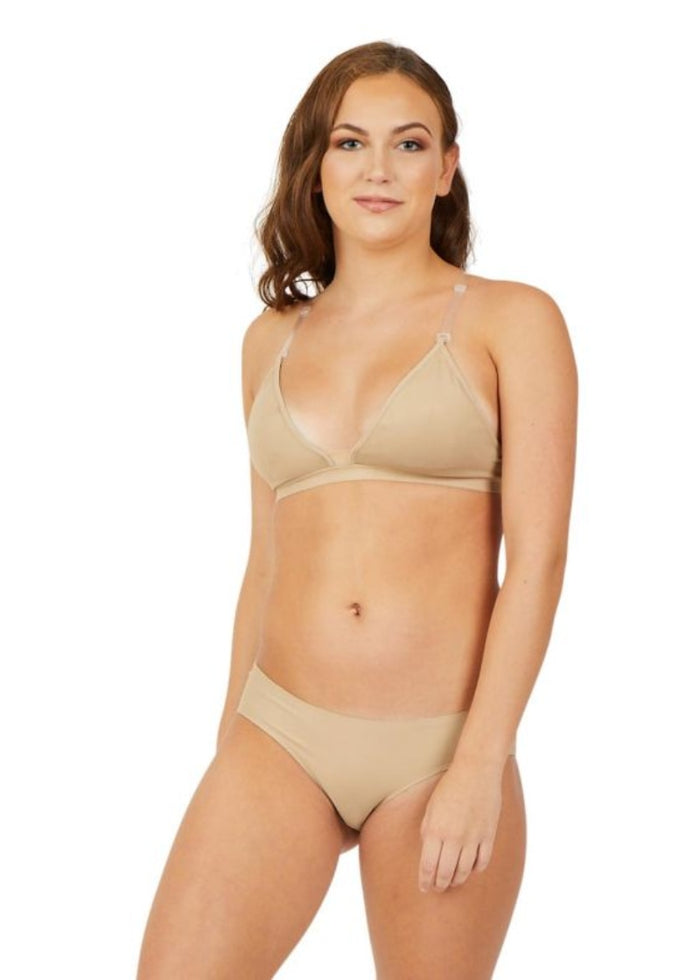 Capezio 3777 undergarment triangle plunge dance bra in light nude with clear adjustable straps