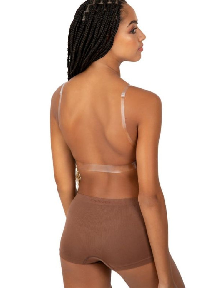 Capezio 3777 undergarment triangle plunge dance bra in dark nude with clear adjustable straps