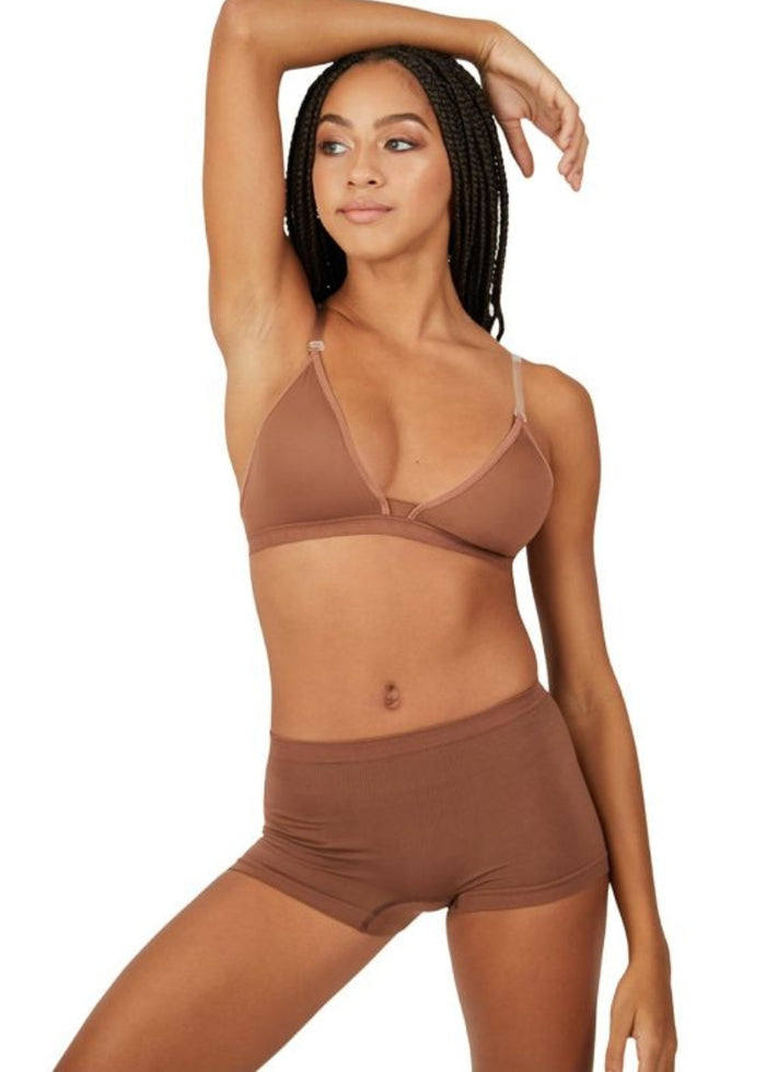 Capezio 3777 undergarment triangle plunge dance bra in dark nude with clear adjustable straps