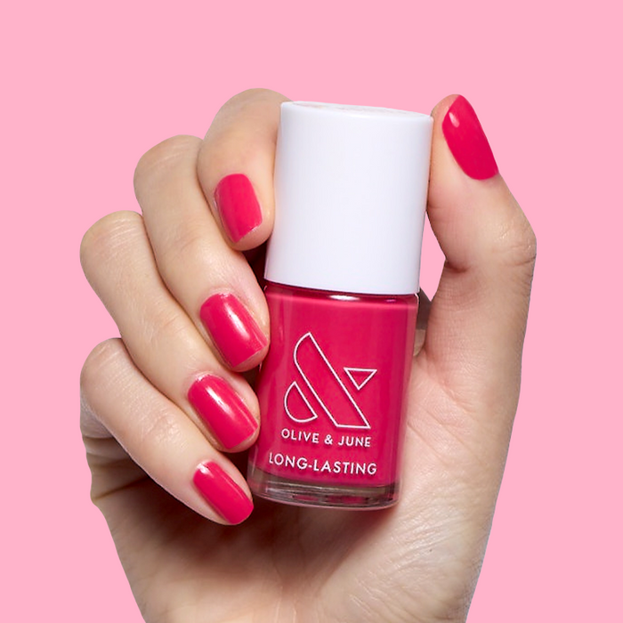 Diner Date bright hot pink long-lasting polish on natural nails with a smooth glossy finish for an at-home manicure