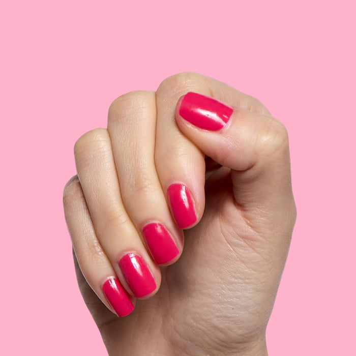 Diner Date bright hot pink gel polish on natural nails with a smooth, glossy finish for an easy at-home manicure