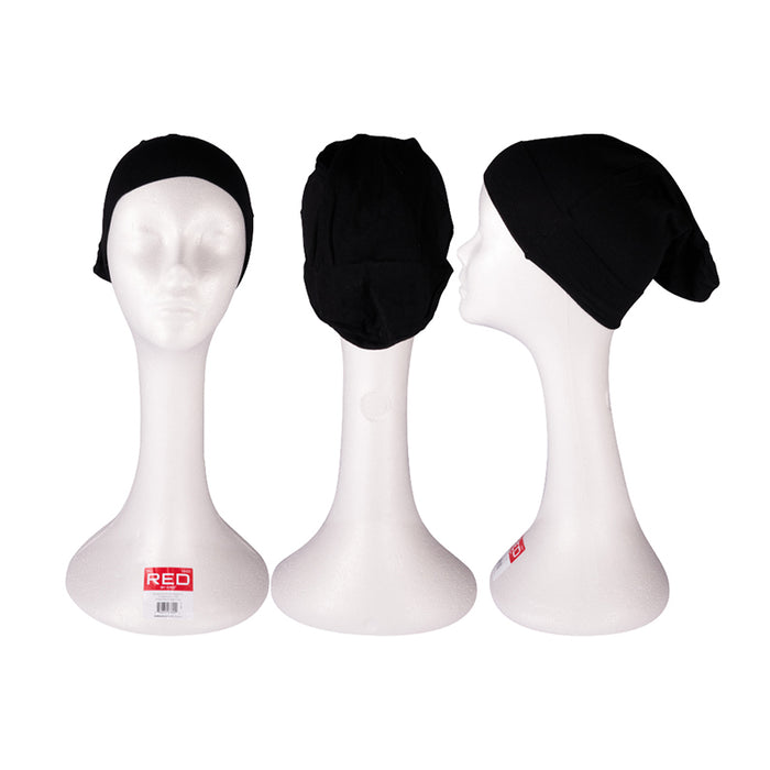 RED BEAUTY by KISS black dreadlock stocking cap shown on mannequin heads front back and side views