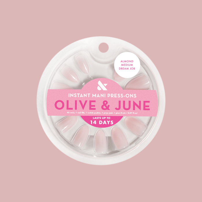Pack of Dream Job - Press-On | Medium | Almond false nails in milky sheer pink by Olive and June with 14-day wear