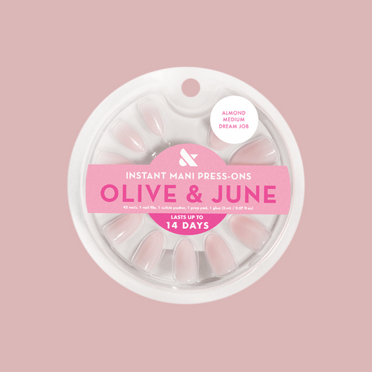 Pack of Dream Job - Press-On | Medium | Almond false nails in milky sheer pink by Olive and June with 14-day wear