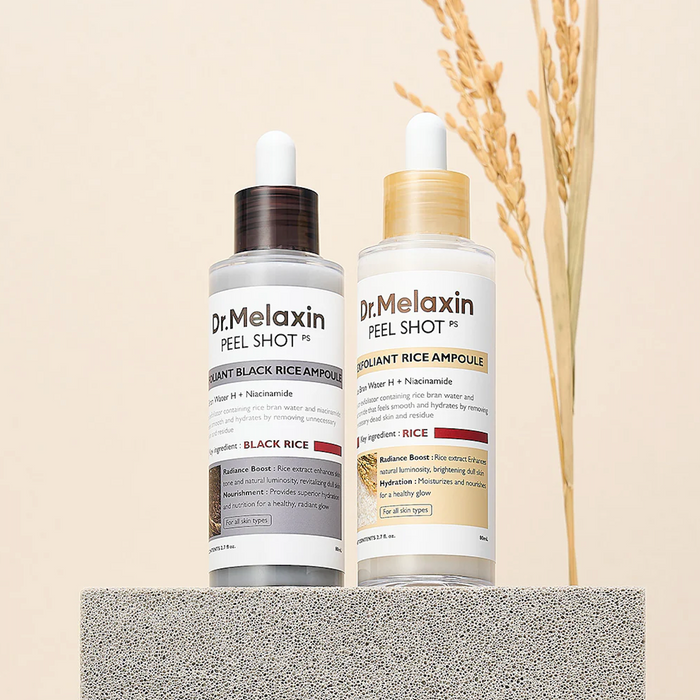 Dr.Melaxin Peel Shot Glow White and Black Rice Ampoule Duo, Soft Exfoliating Face and Body Scrub Dead Skin Cells, Blackheads Remover for All Skin Types