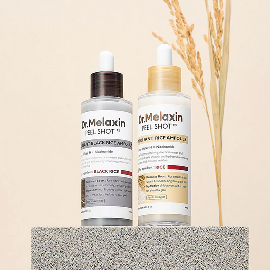 Dr.Melaxin Peel Shot Glow White and Black Rice Ampoule Duo, Soft Exfoliating Face and Body Scrub Dead Skin Cells, Blackheads Remover for All Skin Types