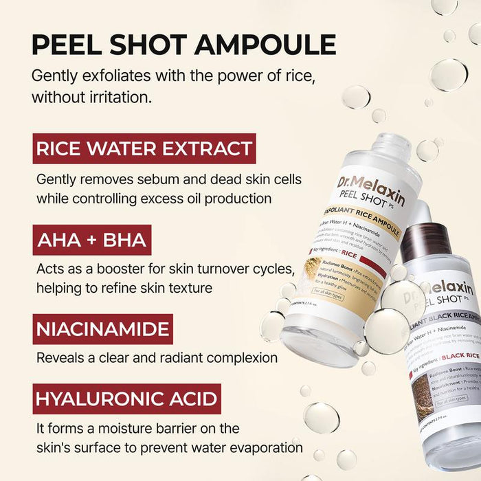 Dr.Melaxin Peel Shot Glow White and Black Rice Ampoule Duo, Soft Exfoliating Face and Body Scrub Dead Skin Cells, Blackheads Remover for All Skin Types