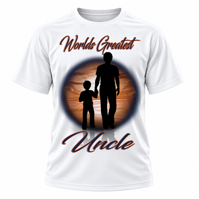 Personalized Dad and Son Landscape T-Shirt, front-view T-shirt mockup featuring custom Air-Volution artwork by Mythic Airbrush