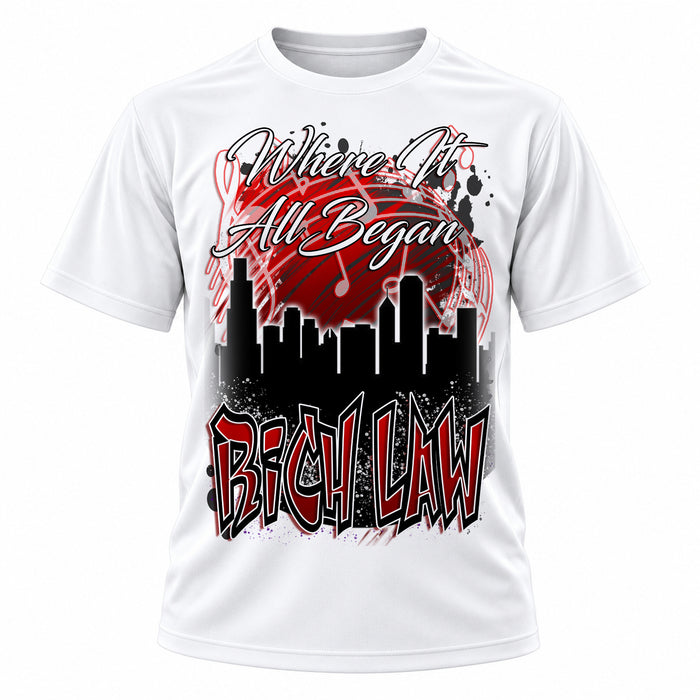 Personalized Urban City Building Landscape T-Shirt, front-view T-shirt mockup featuring custom Air-Volution artwork by Mythic Airbrush