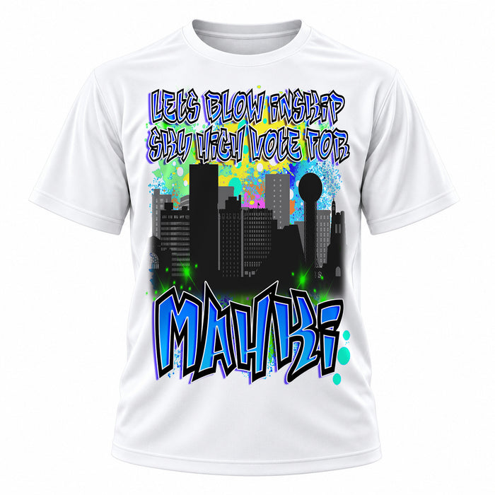 Personalized Urban City Building Landscape T-Shirt, front-view T-shirt mockup featuring custom Air-Volution artwork by Mythic Airbrush