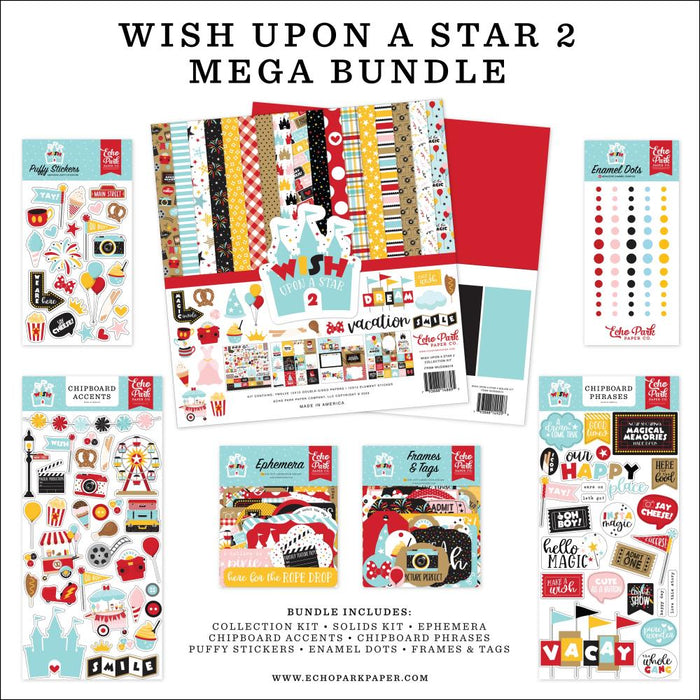 Echo Park - Mega Bundle Collection Kit 12"X12" - Wish Upon A Star 2. Has patterned papers and a full cardstock sheet, also included is the solids paper kit, enamel dots, ephemera, tags, frames, puffy stickers, chipboard pieces, chipboard phrases, more. Available at Embellish Away located in Bowmanville Ontario Canada.