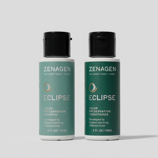 Zenagen Eclipse Shampoo and Conditioner travel duo for color-treated and aging hair, color preservation and gray support system