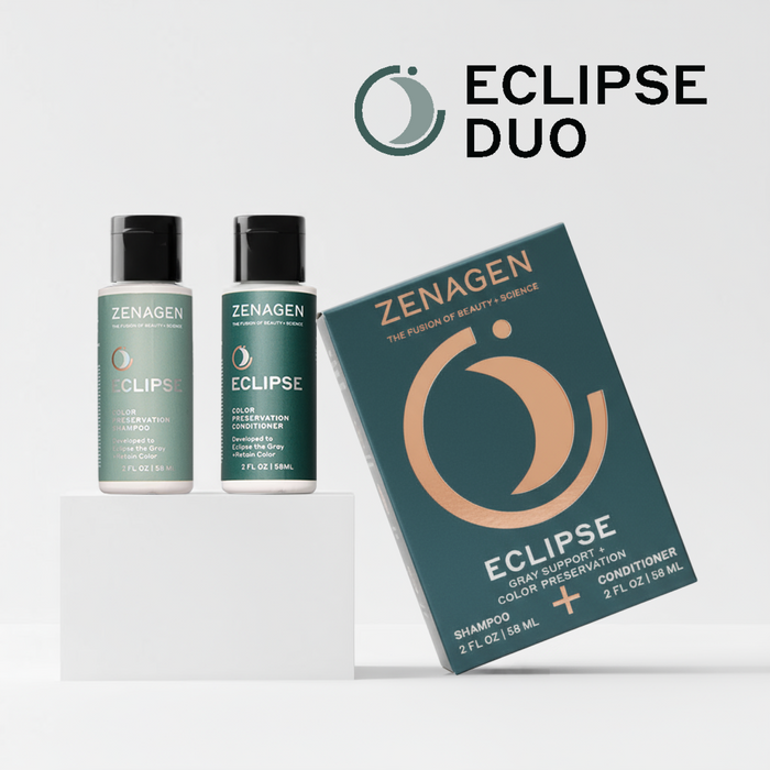 Zenagen Eclipse Travel Duo featuring color preservation shampoo and conditioner designed to maintain hair color vibrancy appearance.