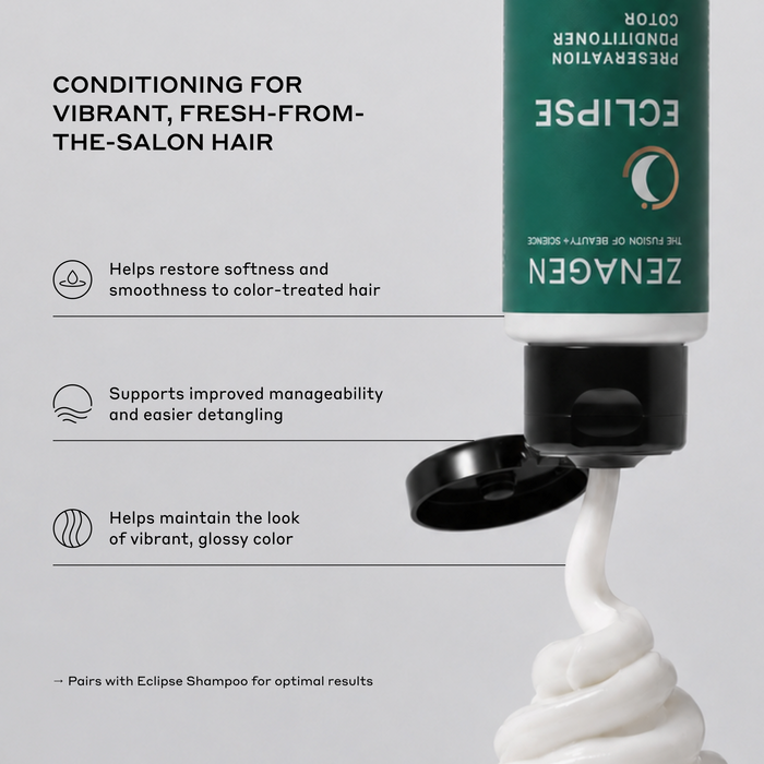 Zenagen Eclipse Color Preservation and Gray Support Conditioner product benefits infographic featuring a flip-cap bottle dispensing rich cream, detailing formula benefits for softness, manageability, and vibrant color.
