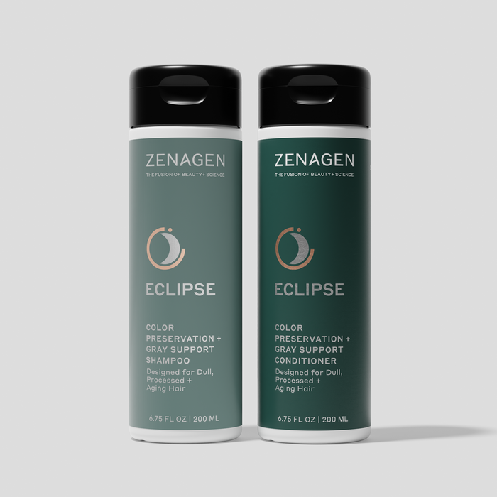 Zenagen Eclipse Color Preservation and Gray Support Shampoo and Conditioner duo for color-treated hair, color-safe hair care system that helps maintain vibrant-looking color, shine, softness, and healthy-looking hair.