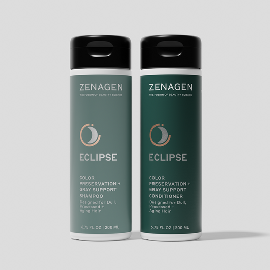 Zenagen Eclipse Color Preservation and Gray Support Shampoo and Conditioner duo for color-treated hair, color-safe hair care system that helps maintain vibrant-looking color, shine, softness, and healthy-looking hair.
