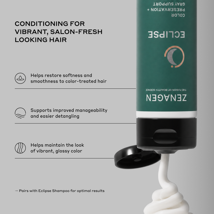 Zenagen Eclipse Color Preservation and Gray Support Conditioner for color-treated hair, lightweight conditioning formula that helps restore softness, improve detangling, enhance manageability, and maintain vibrant-looking color.