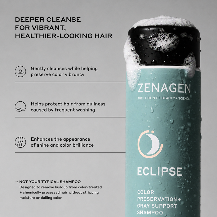 Zenagen Eclipse Color Preservation and Gray Support Shampoo for color-treated hair, gentle cleansing shampoo that helps remove buildup, preserve color vibrancy, enhance shine, and support healthier-looking hair.