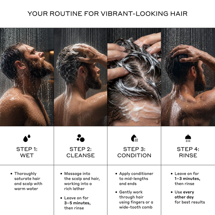 How to use Zenagen Eclipse shampoo and conditioner, color-care routine featuring cleanse, condition, and rinse steps to help maintain vibrant-looking color and healthy-looking hair.
