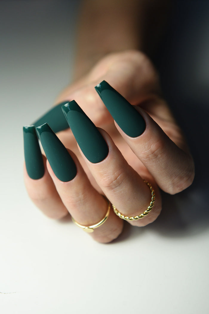 Elegant Deep Green, Matte nails glossy french, Christmas Stylish Set of press on nails, holiday long coffin nails, short square glue on fake – Luxury Handmade Reusable Press On Nails